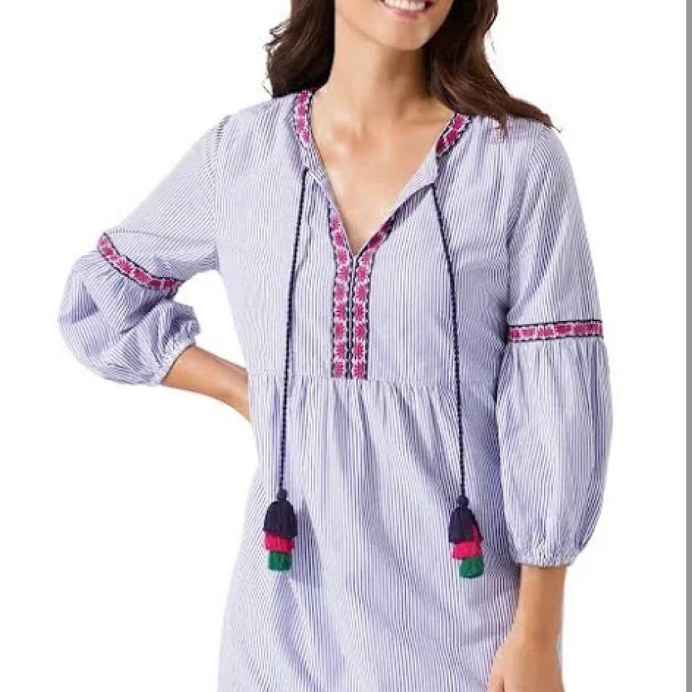 Tommy Bahama Womens Dress Cover Up Large   Salina Key Blue Poplin Stripe